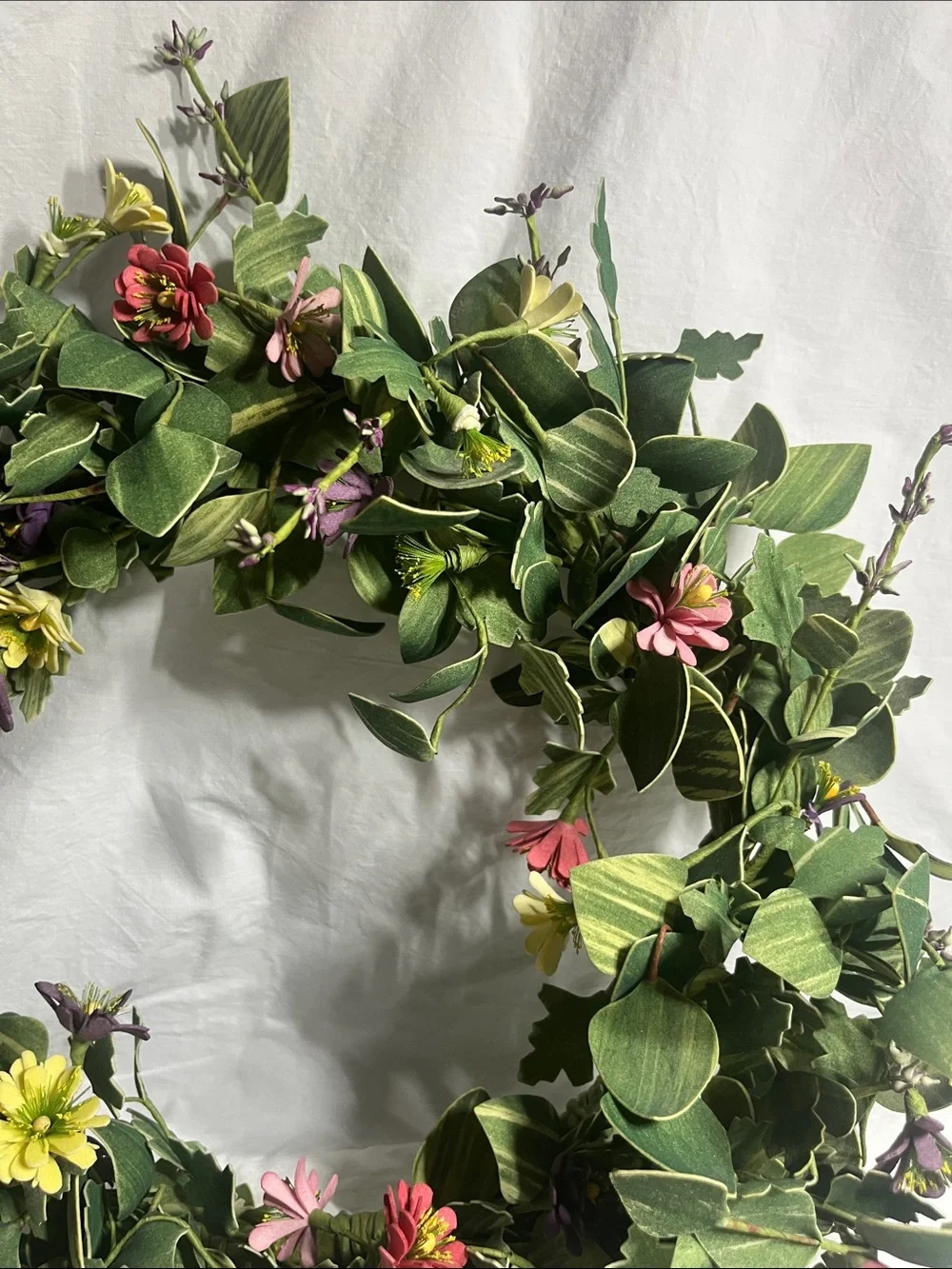 Spring Floral Green Wreath with Pink, Yellow and Purple Flowers